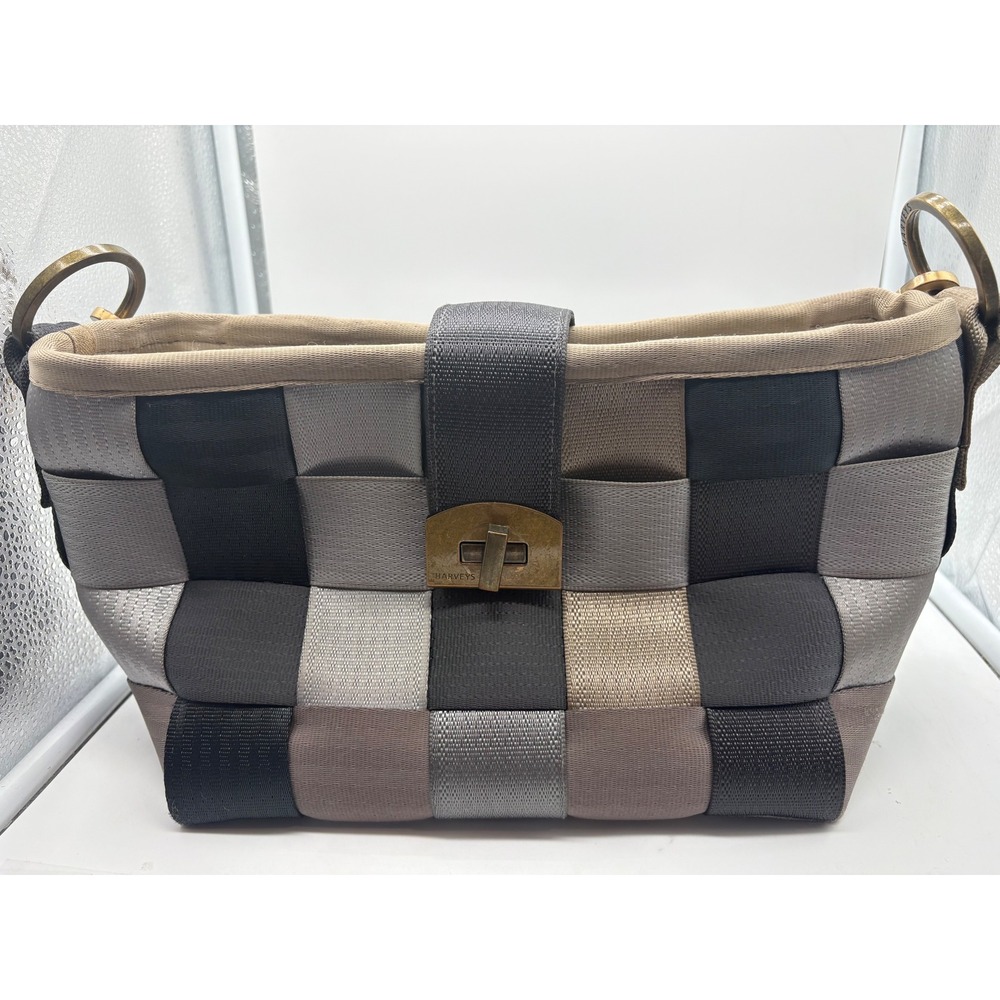 Harveys Seatbelt Bag Carriage Ring Tote Turnlock Gray Black Bronze Patchwork